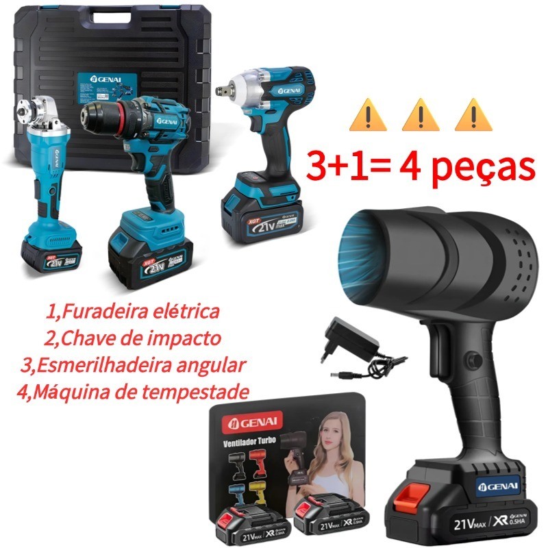 Genai】21V 4 em 1 Kit Multifuncional+4 baterias Chave de impacto