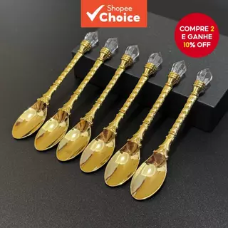 Conjunto de 6 colheres de metal dourado vintage, elegantes, com cristal, perfeito para presentes de café, chá e leite. em Oferta na Shopee