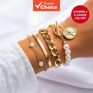 Conjunto De Pulseiras De Corrente Grossa Separável Com Imitação De Pérolas Para Mulheres , Pingente De Moeda Da Moda , C em Oferta na Shopee