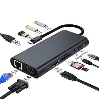 Hub Tipo C 11 em 1 Expansor Multiporta USB 3.0 HDMI VGA LAN RJ45 TF SD Áudio OTG