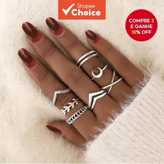 Conjunto de 7 Anéis Vintage com Lua e Cruz para Mulheres - Joias Boho Minimalistas Empilháveis de Presente em Oferta na Shopee