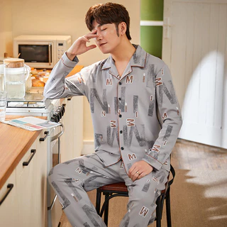 Pijamas masculinos 2025 novo estilo calças de manga comprida puro algodão estilo fino primavera outono inverno solto sim em Oferta na Shopee