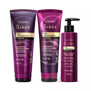 Combo Siàge Pro Cronology Curvas: Shampoo 250ml + Condicionador 250ml + Creme para Pentear Volume 300ml em Oferta na Shopee