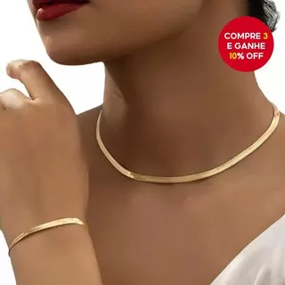 Conjunto De Joias De Ouro Com Colar E Pulseira , Acessórios De Moda Para Mulheres , Corrente De Cobra Plana Clássica ​ em Oferta na Shopee