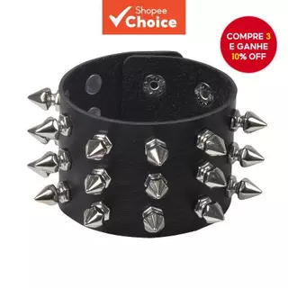 Pulseira de Couro com Espinhos Estilo Punk Gótico na Moda | Pulseira Ajustável Unissex para Hiphop e Festa