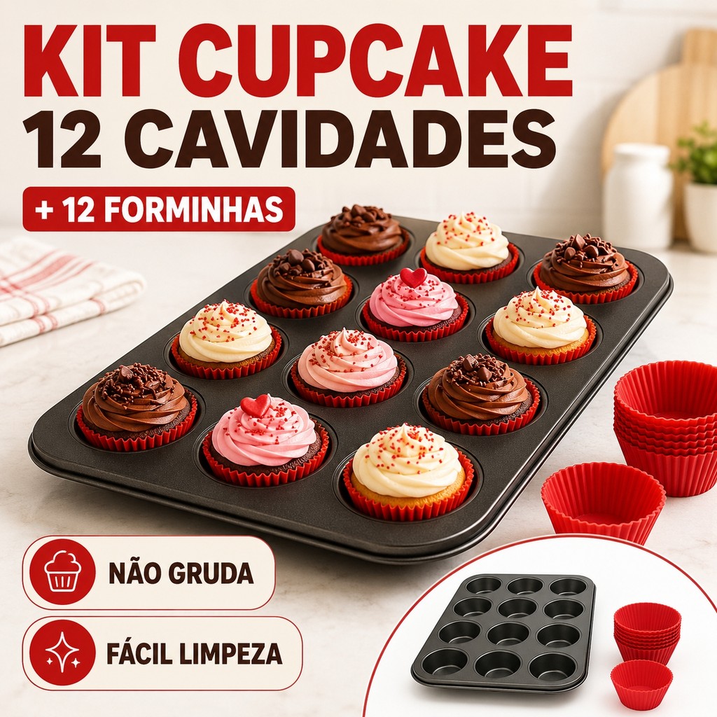Kit Assadeira Antiaderente + 12 Forminha de Silicone Para Cu