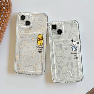 Capa Para iPhone 13 11 12 14 15 16 17 Pro Max Transparente Silicone Anti-choque Capinha Card Case Ursinho Pooh