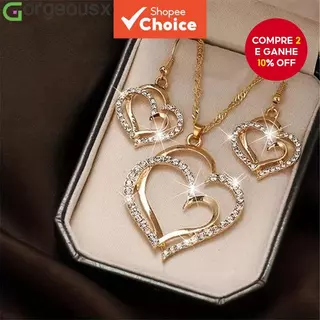 Pérola Duplo Coração Pingente Colar Pulseira Brincos Conjunto Jóias Femininas em Oferta na Shopee