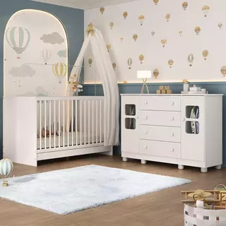 Berço 3 em 1 para Colchão 130x60cm com Cômoda 2 Portas 4 Gavetas Sol Multimóveis MP4748 em Oferta na Shopee