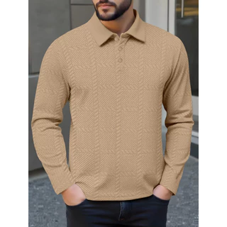 Polo Casual masculino de manga comprida com lapela e botão de negócios Camisa