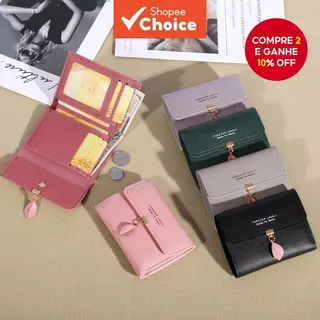 Nova moda pequena carteira feminina estilo curto versão coreana simples pequena folha fresca três vezes fivela moeda bol em Oferta na Shopee