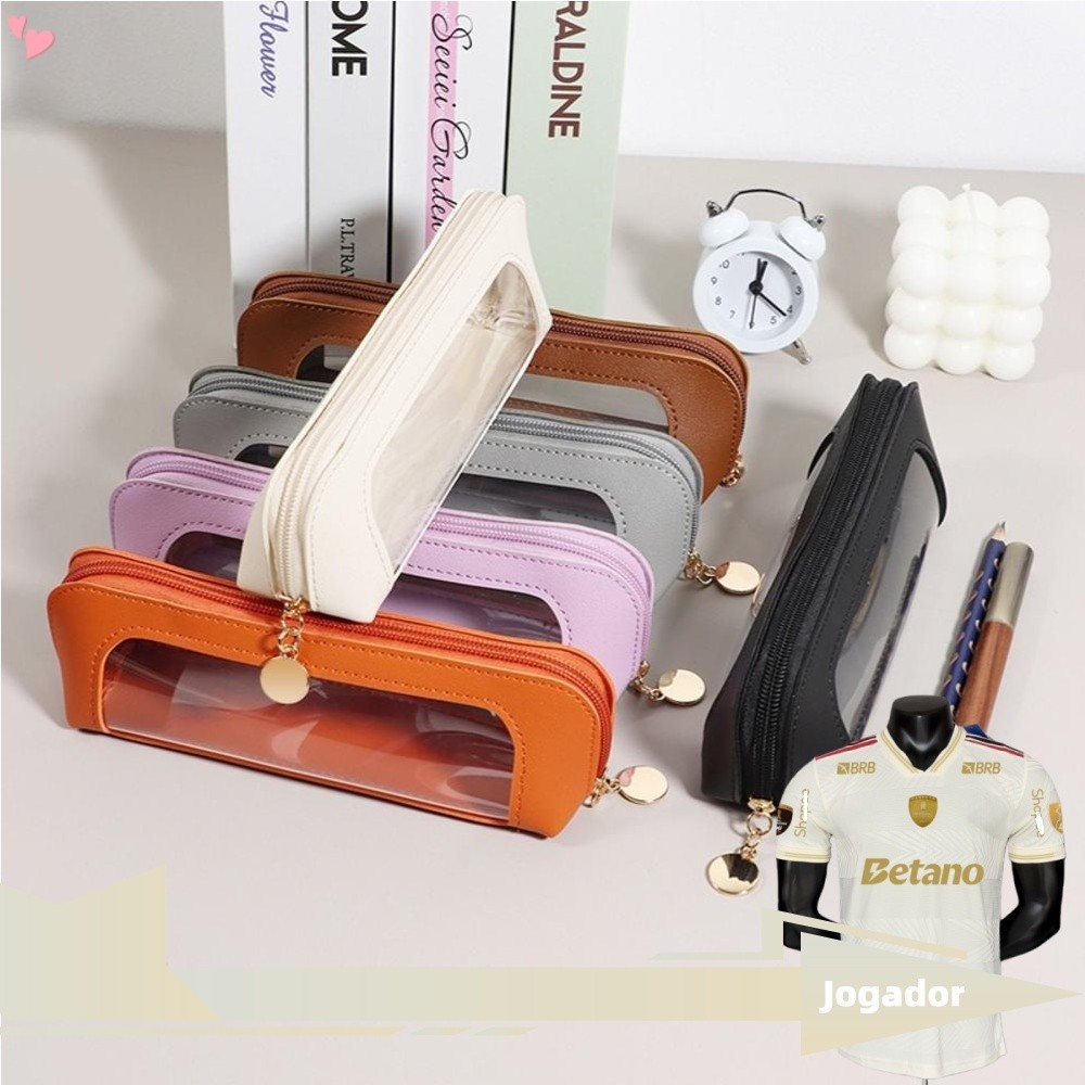 Estojo de Couro PU com Janela Visível de PVC, Material Escolar, Grande Capacidade, Porta Canetas