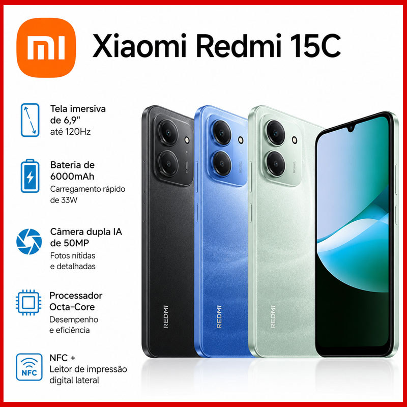 Novo) Câmera Xiaomi Redmi 15C preto 8GB+256GB RAM,4GB+128GB RAM
