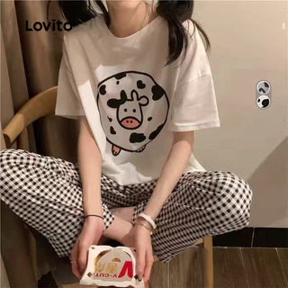 Lovito Conjunto de Pijama Casual 2 Peças Estilo Vaca Leiteira Bonita Solto Fresco para Mulheres LNE126135 em Oferta na Shopee