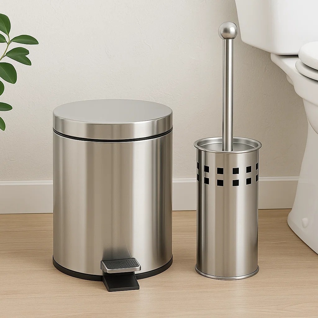 Kit Lixeira Aço Premium Inox 3 Litros + Escova Sanitária Suporte Banheiro Inoxidável Cesto Lixo