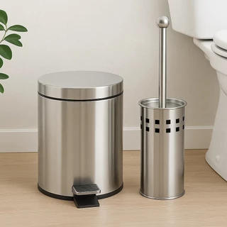Kit Lixeira Aço Premium Inox 3 Litros + Escova Sanitária Suporte Banheiro Inoxidável Cesto Lixo