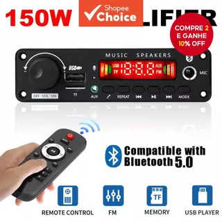 Amplificador 2 * 75W Bluetooth 5.0 12V DIY MP3 Player Rádio TF Microfone USB Chamada Viva-Voz