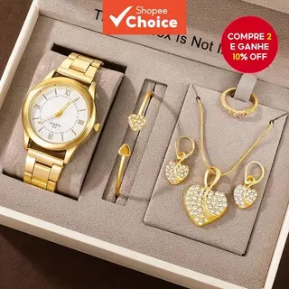 Conjunto De 6 Peças De Relógios De Quartzo Femininos , Mostrador Romano Simples , Joias De Coração De Strass De Luxo em Oferta na Shopee