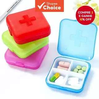 Caixa de Comprimidos Transversal 4 Compartimentos Pequena Plástica Portátil Atacado em Oferta na Shopee