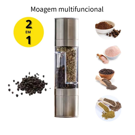 Moedor Manual e Ajustável de Pimenta Temperos 2 em 1 Inox,Multifuncional para Cozinha Moagem