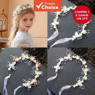 Conjunto De Faixa De Cabeça Com Coroa Floral Infantil-Tiara De Pérola , Flor De Pulso E Brincos De Fada Para Meninas De em Oferta na Shopee