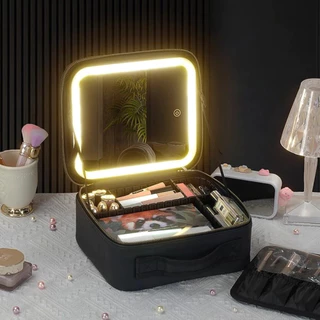 Bolsa de Maquiagem com Espelho LED Estojo Organizador de Pincéis, Make e Acessórios de Viagem