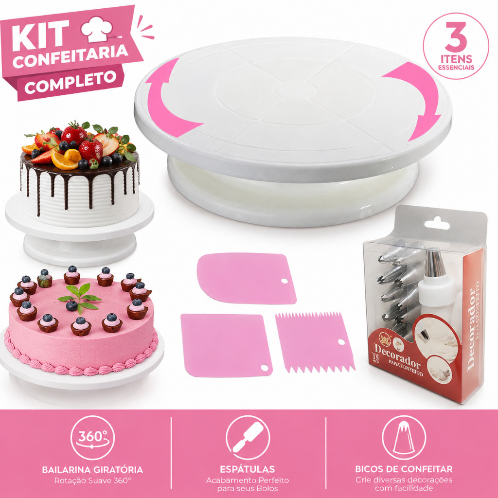 Kit Decoração de Bolos Confeitaria Prato Giratória 360° + Es