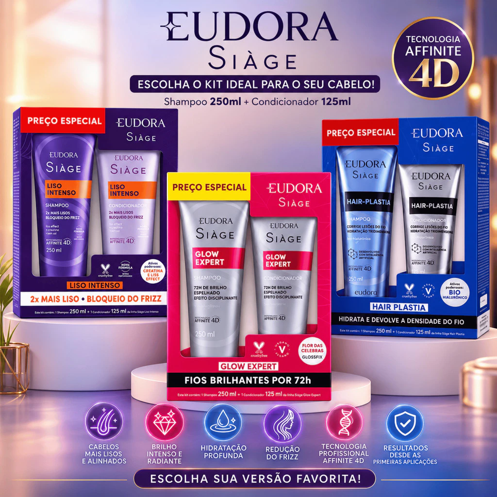Kit Especial Eudora Siàge Condicionador + Shampoo Glow Expert Liso Intenso Hair-Plastia e Nutri Rosé