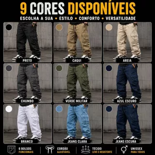 Calça Cargo Masculina Streetwear Skate 6 Bolsos Sarja Unissex Cordão Ajustável