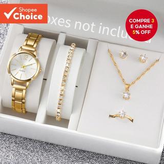 Kit relógio feminino rosé com pulseiras, 6 peças