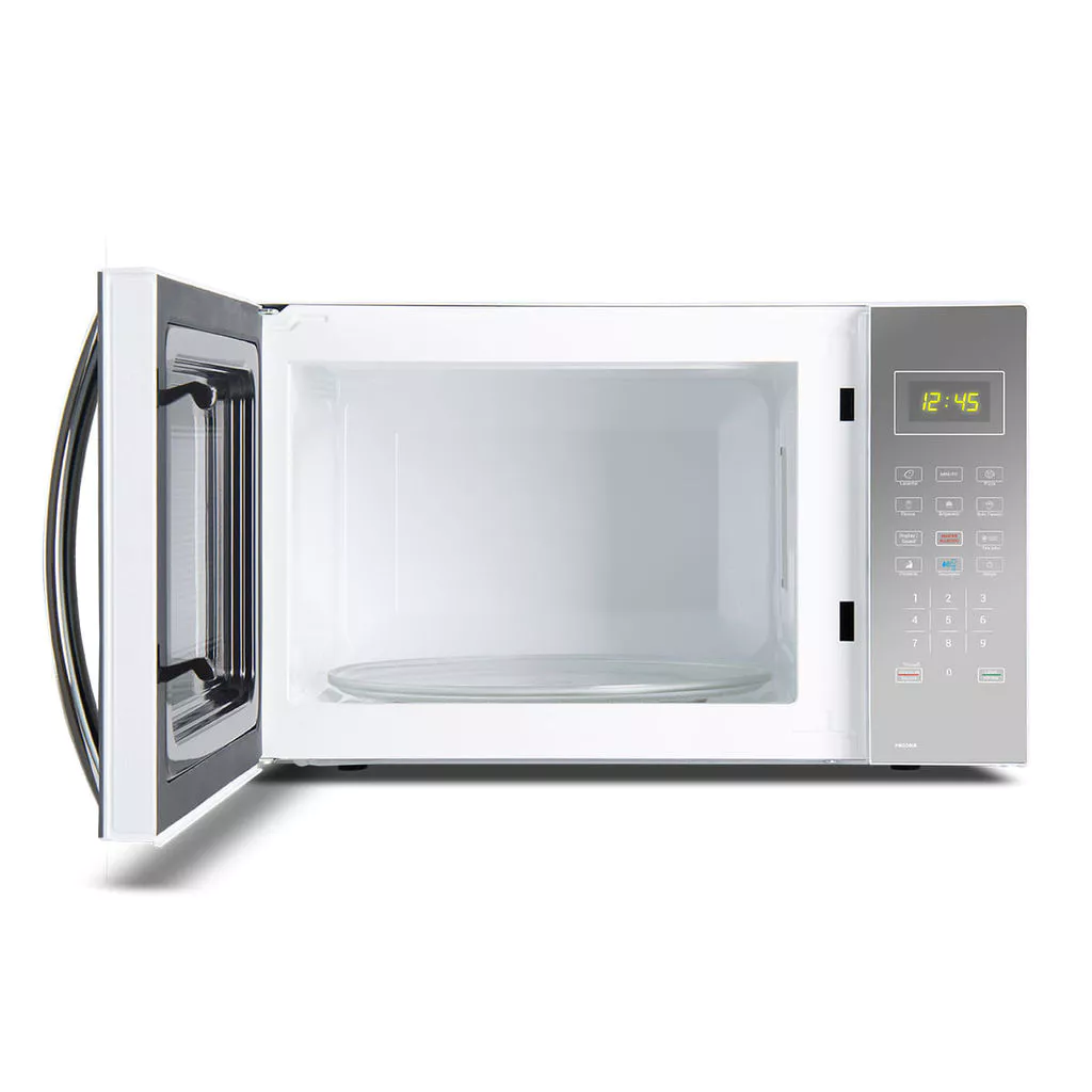 Vista frontal do micro-ondas Philco 34L espelhado com a porta totalmente aberta