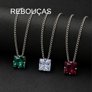 Colar com Pingente Zircônia Strass Preto Azul Verde Aço Inox Presente Correntinha Corrente Cordão Masculino Não Escurece