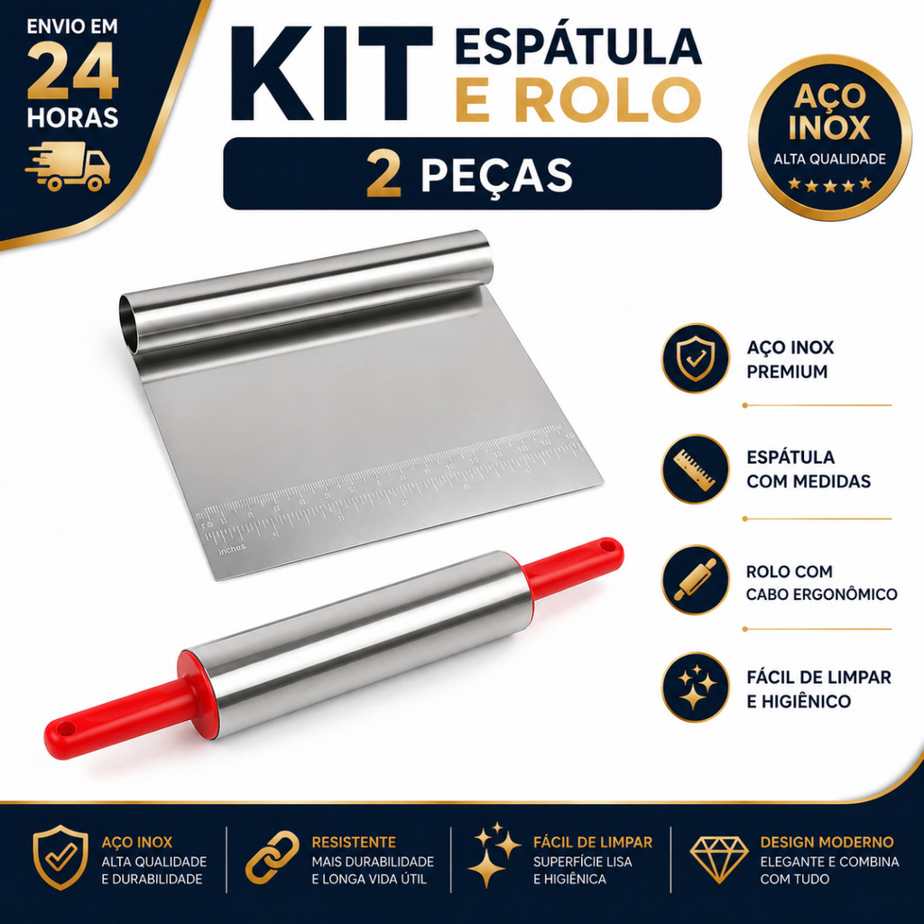Kit Espátula Tubular Cortadora Inox E Rolo De Massas Inox Pa