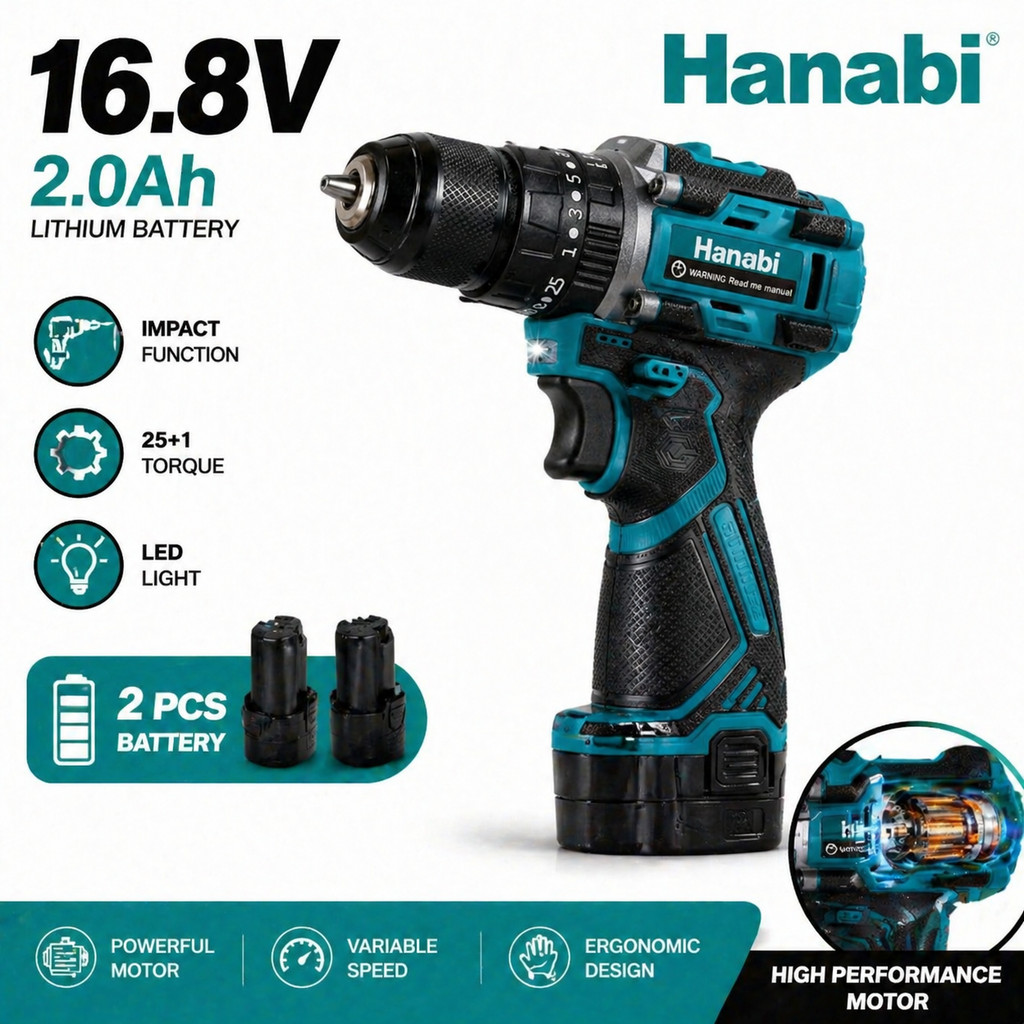 Hanabi】Furadeira Parafusadeira Impacto Brushless 16.8V 2.0Ah Sem