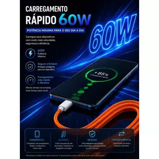 Cabo Tipo C 60W Rápid USB C Turbo Fast Charge 1 Metro Para iPhone 18 pro max/17 pro max/15 16 pro max