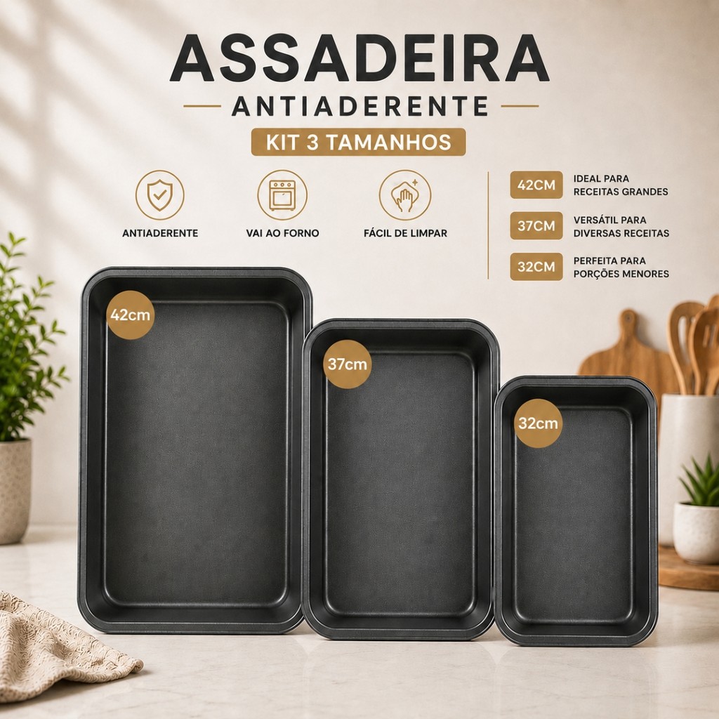 Kit 3 Forma Assadeira Antiaderente para Forno 32 37 42 cm Id