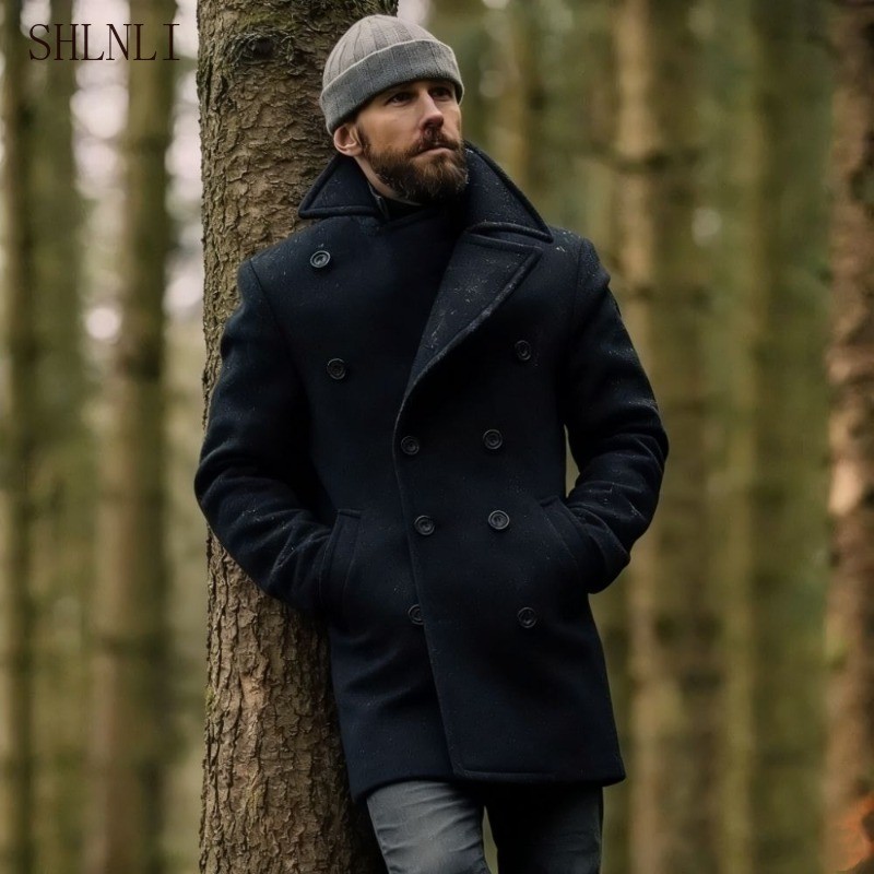 Peacoat De Lã Com Peito Duplo Masculino Comprimento Médio Inverno