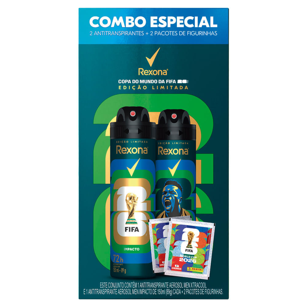Desodorante Rexona Men Xtracool e Impacto 150ml cada Copa do Mundo Fifa 2026 Edição Limitada e 2 Pacotes de Figurinhas