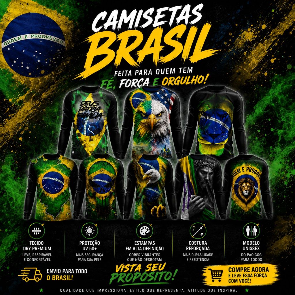 Camiseta UV50+ Brasil Manga Longa Masculina/Feminina Dry Fit Proteção Solar Camisa Patriota Estampada