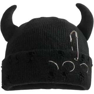 Gorro Gótico Com Chifre Do Diabo Desgastado, Anel De Ferro, Chapéu De Malha, Acessórios Y2K Grunge Emo