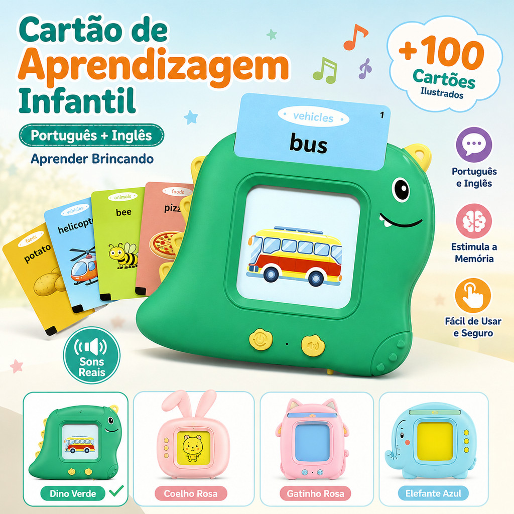 Brinquedo Cartão de Aprendizagem Bilíngue Inglês Português com Som