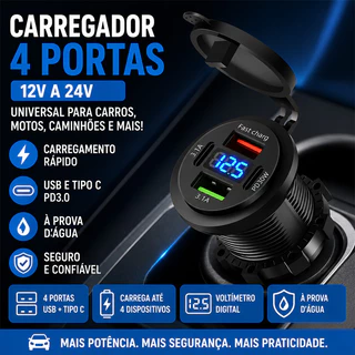 Carregador Carro Tomada 4 Portas PD Voltímetro À Prova D’água carregador carro usb tipo c pd3.0 voltimetro