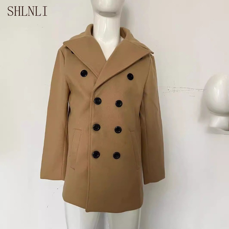 Peacoat De Lã Com Peito Duplo Masculino Comprimento Médio Inverno