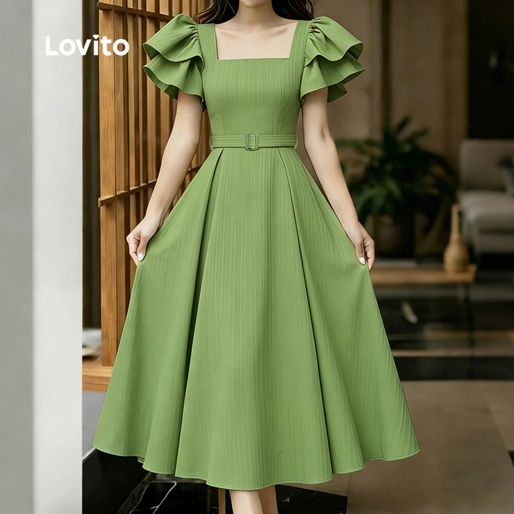 mall inline badgeLovito Vestido Elegante com Cinto Camadas Duplas Primavera/verão Verde para Mulheres LBL33124