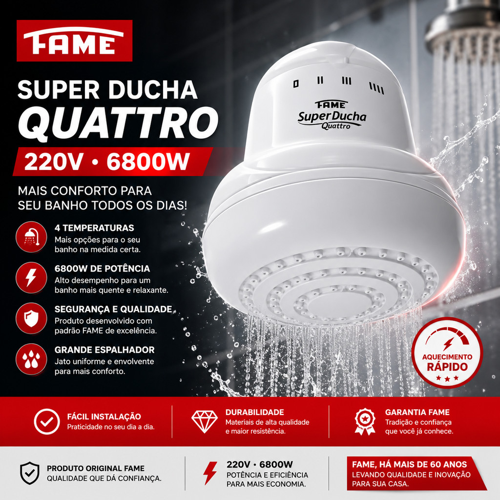 Chuveiro Ducha Elétrica Fame Super 4T 6800W 220V - Econômico e ...