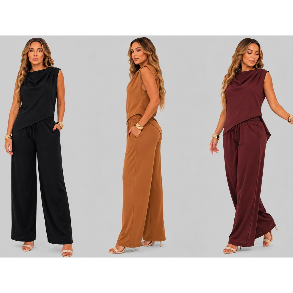 Conjunto Feminino Uma Alça Social Duna Elegante Blusa Nula Manga e Calça Pantalona Alfaiataria Mula Manca Moda Promoção