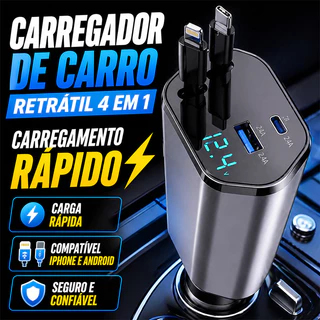 Carregador Rápido para Carro 4 em 1, Carregador de carro retrátil, para iPhone e Android