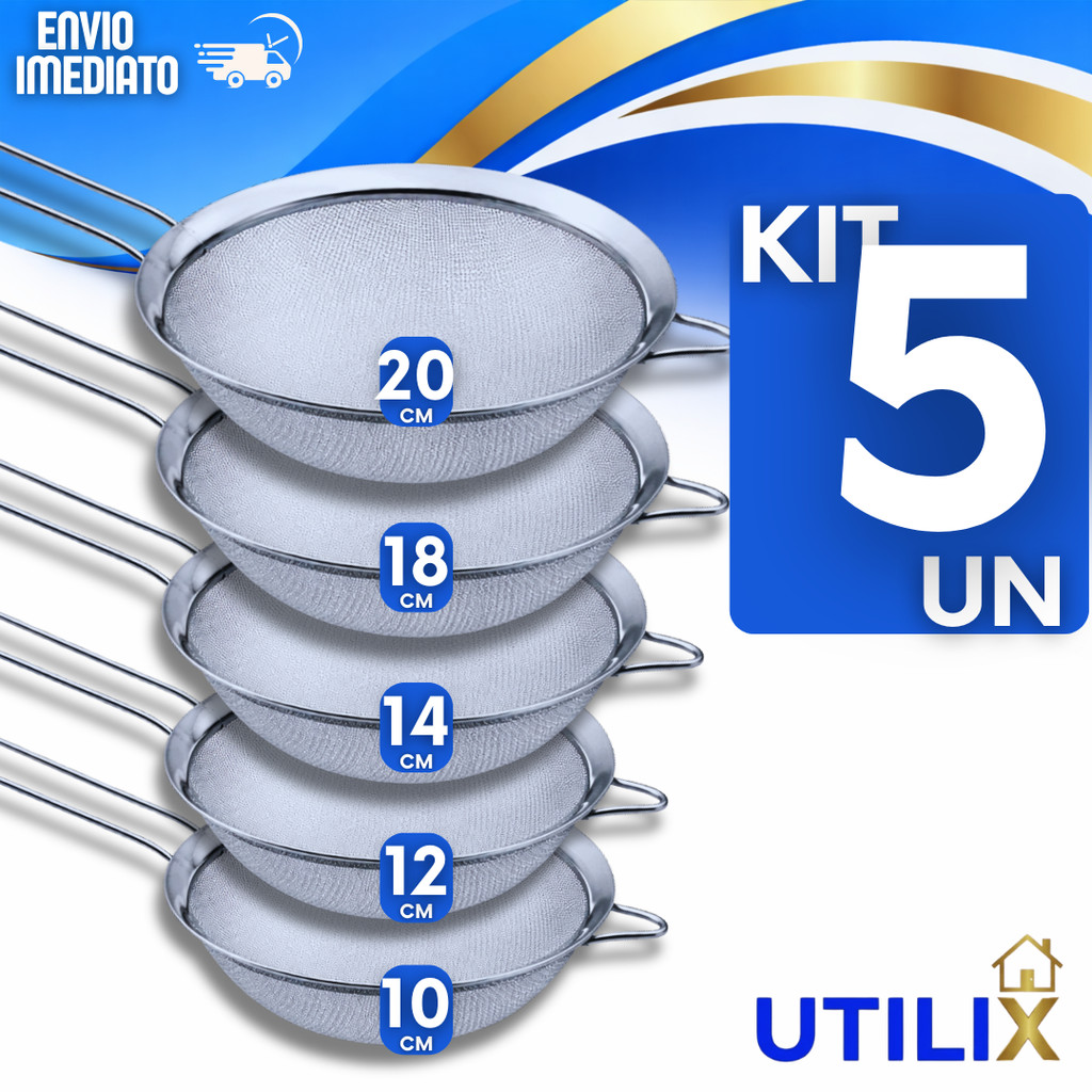 Jogo Peneira Aço Inox 22/20/18/14 E 12cm Farinhas Sucos Molh