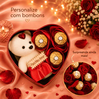 Caixa De Presente Coração Com Urso Ursinho E Rosas Presente Namorada Esposa Amiga Mãe