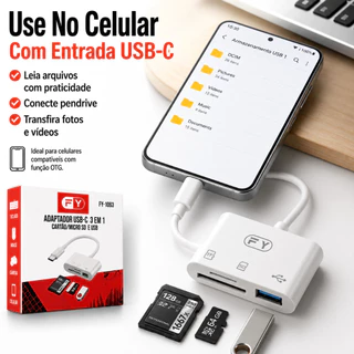 Adaptador USB-C OTG 3 Em 1 Para Celular Notebook Cartão SD Micro SD